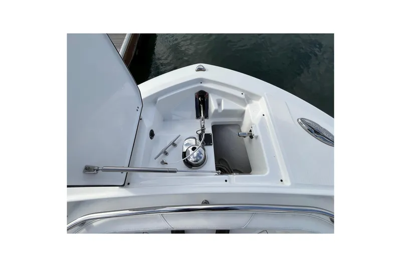  Yacht Photos Pics 2019 Blackfin 272 CC boat anchor compartment with stainless steel hardware and open hatch.