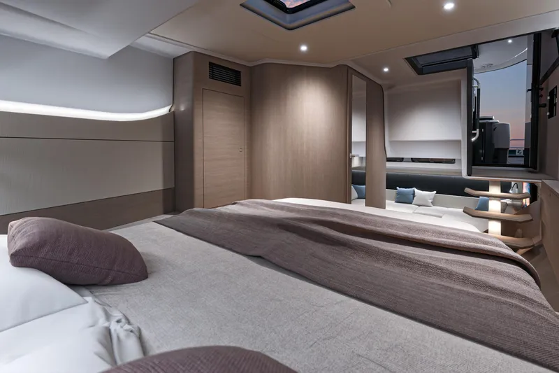  Yacht Photos Pics Luxurious interior of 2026 Beneteau Gran Turismo 40 yacht cabin, featuring modern design.