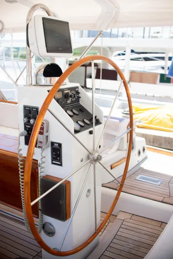 Tuatara Yacht Photos Pics Steering wheel and controls of 1983 Little Harbor Little Harbour 63 yacht.