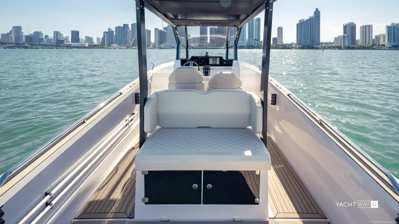  Yacht Photos Pics 2025 Rand Roamer boat on water with city skyline in background.