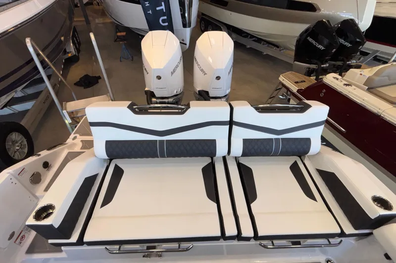  Yacht Photos Pics 2026 Monterey Elite 30 OB boat with dual Mercury outboard engines and stylish seating.