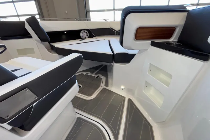  Yacht Photos Pics Interior of 2026 Monterey Elite 30 OB boat with sleek seating and modern design.
