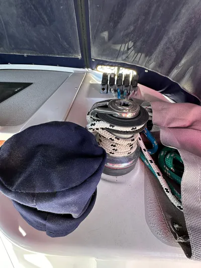 Chesapeake Free Yacht Photos Pics Sailboat winch with ropes and gloves on a 2006 Catalina 387 deck.