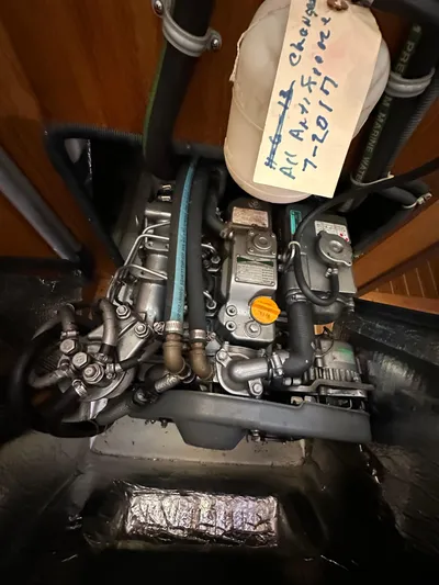 Chesapeake Free Yacht Photos Pics Catalina 387 engine, 2006 model, with maintenance tag visible.