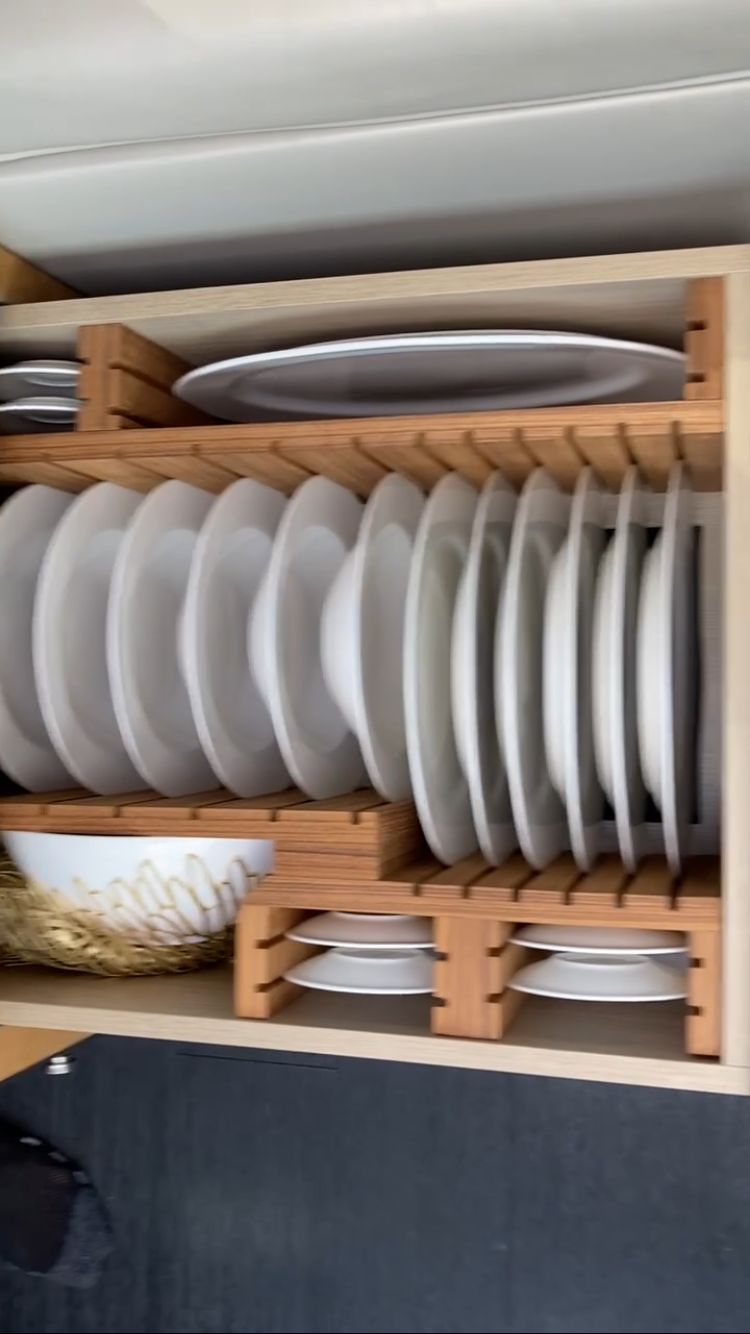 Dish storage in a 2015 Pershing 70 yacht.