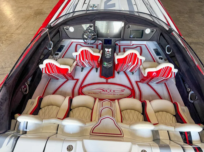  Yacht Photos Pics Luxurious 2019 MTI 48 boat interior with red and white seating and advanced dashboard.