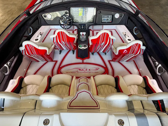  Yacht Photos Pics Luxurious 2019 MTI 48 boat interior with red and white seating and advanced dashboard controls.