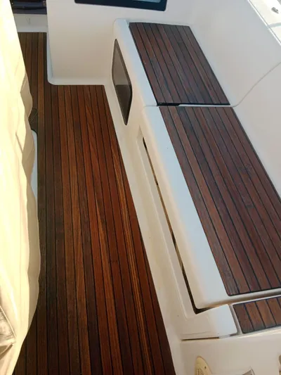  Yacht Photos Pics 2018 Dufour 412 Grand Large yacht with elegant wooden deck seating.
