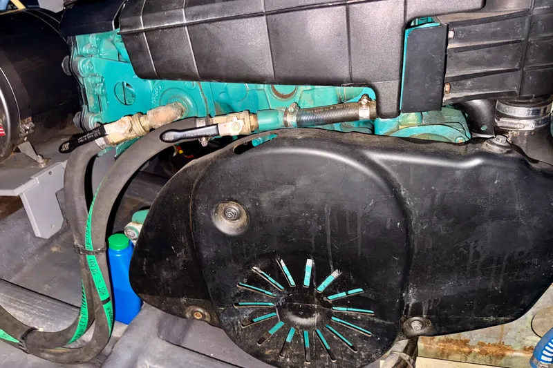  Yacht Photos Pics Engine compartment of a 2016 Cranchi M44 HT boat, showcasing mechanical components.