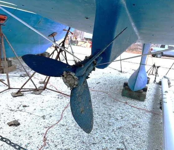 Lotus II Yacht Photos Pics Propeller of a 2007 Beneteau Oceanis 46 sailboat on dry dock.