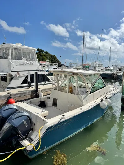  Yacht Photos Pics 2022 Grady-White Express 330 boat docked in a marina under a clear blue sky.