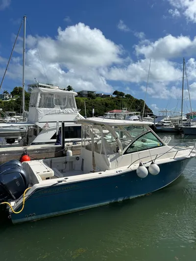  Yacht Photos Pics 2022 Grady-White Express 330 boat docked in a sunny marina.