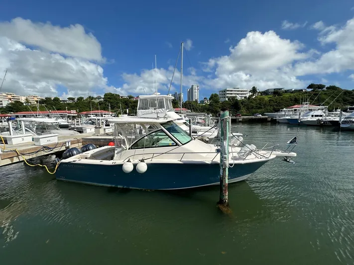  Yacht Photos Pics 2022 Grady-White Express 330 boat docked in a marina under a clear blue sky.