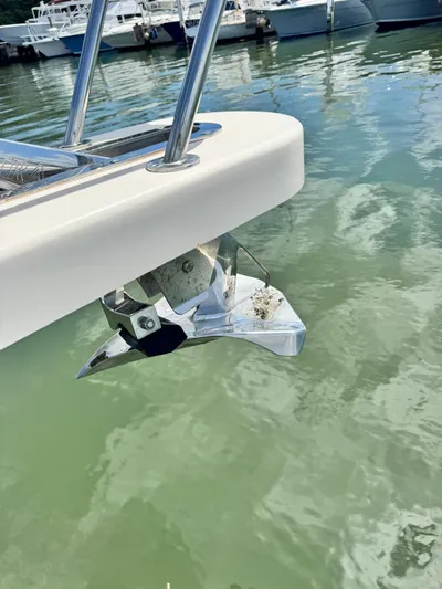  Yacht Photos Pics Grady-White Express 330 boat anchor detail, 2022 model, docked in calm waters.