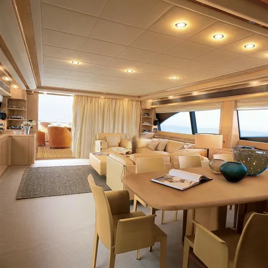Nm03008 Yacht Photos Pics Luxurious interior of 2008 Ferretti Yachts 881, featuring elegant seating and dining area.