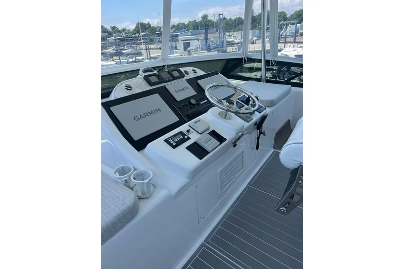 2024 Refit Yacht Photos Pics 2011 Hatteras boat helm with Garmin navigation system and modern controls.