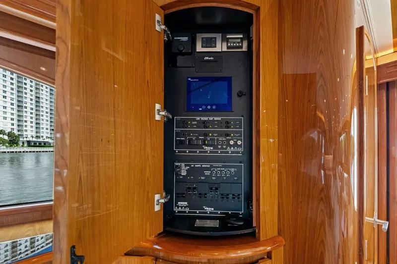 Lady Di Yacht Photos Pics Control panel inside 2012 Viking 82 Convertible yacht, featuring advanced navigation and system controls.