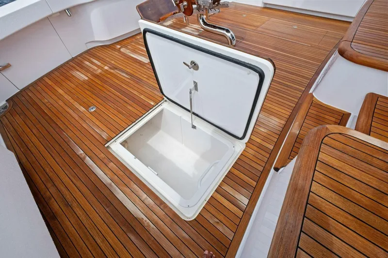 Lady Di Yacht Photos Pics Open hatch on teak deck of 2012 Viking 82 Convertible yacht.