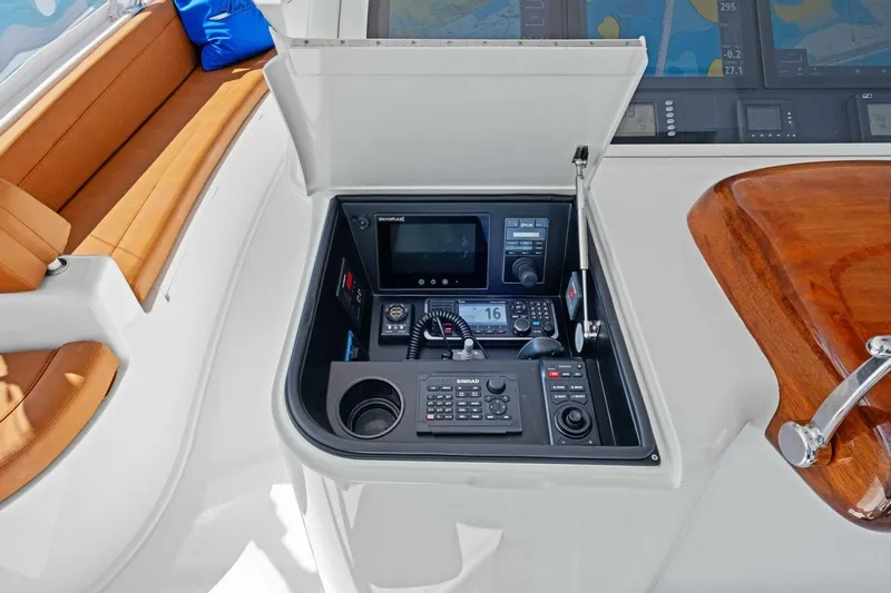 Lady Di Yacht Photos Pics Control panel of a 2012 Viking 82 Convertible yacht with navigation equipment.