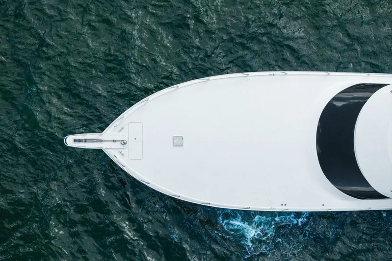 Lady Di Yacht Photos Pics Overhead view of 2012 Viking 82 Convertible yacht on ocean water.