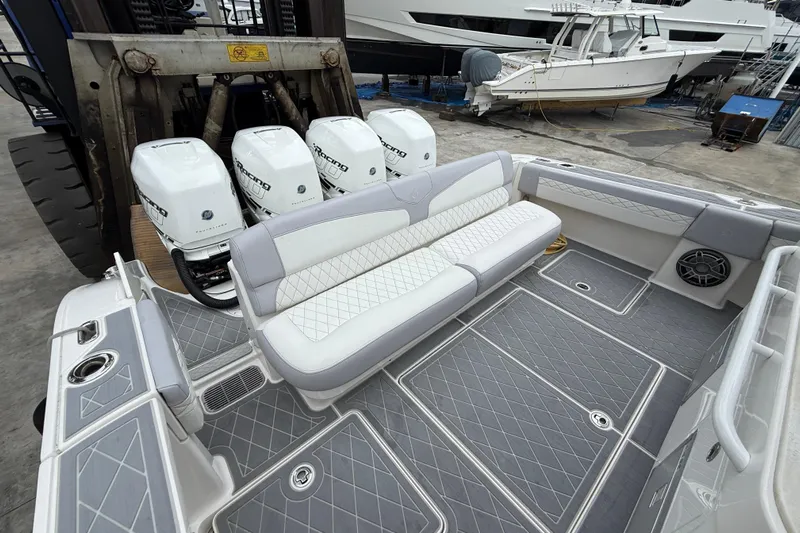  Yacht Photos Pics 2021 Fountain 43 NX boat interior with quad engines and luxurious seating.