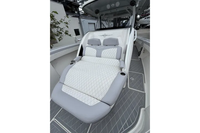  Yacht Photos Pics Luxurious seating on 2021 Fountain 43 NX boat with diamond-stitched upholstery.