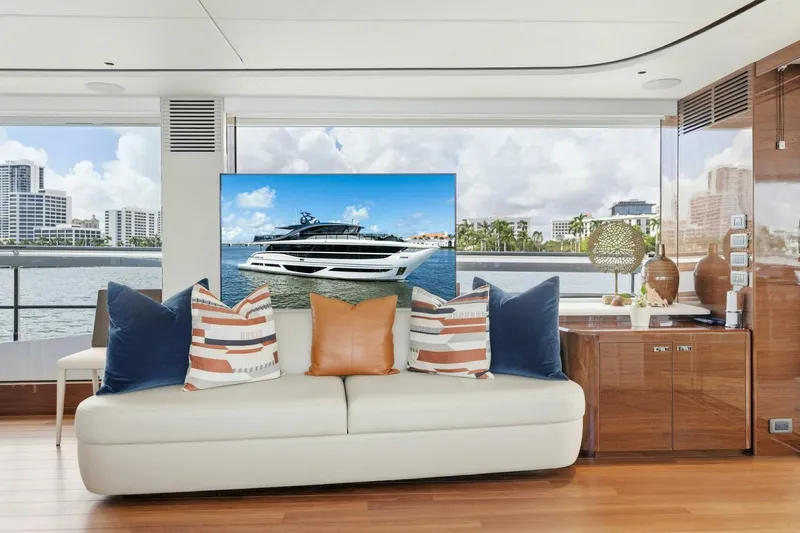 Lady Lion Yacht Photos Pics Luxurious interior of 2023 Princess X95 yacht with elegant decor and waterfront view.