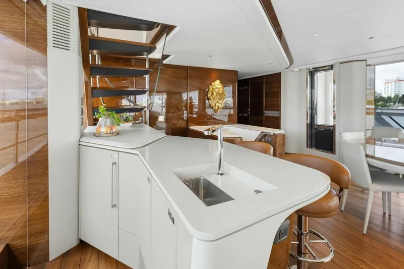 Lady Lion Yacht Photos Pics Luxurious interior of 2023 Princess X95 yacht with modern kitchen and elegant design.