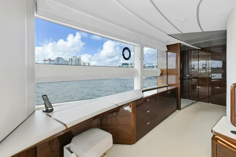 Lady Lion Yacht Photos Pics Luxurious interior of 2023 Princess X95 yacht with ocean view and elegant furnishings.
