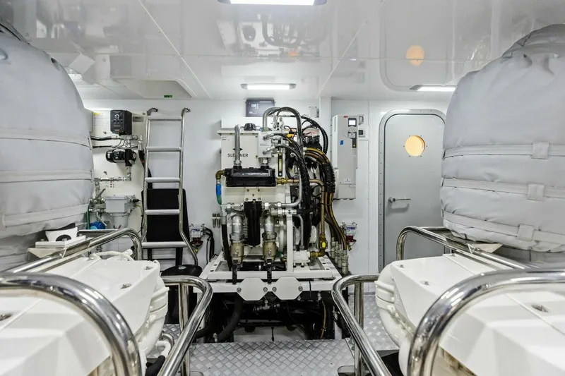 Lady Lion Yacht Photos Pics Engine room of 2023 Princess X95 yacht, featuring advanced machinery and equipment.
