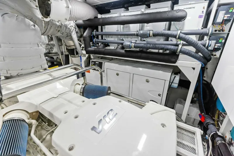 Lady Lion Yacht Photos Pics Engine room of 2023 Princess X95 yacht featuring V12 engine and advanced systems.