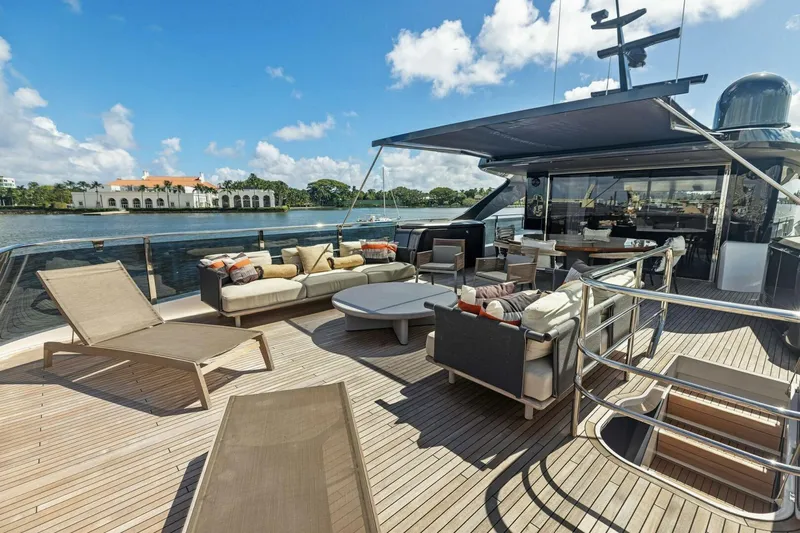 Lady Lion Yacht Photos Pics Luxurious 2023 Princess X95 yacht deck with elegant seating and scenic waterfront view.