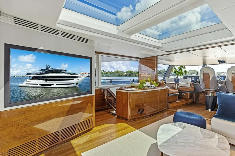 Lady Lion Yacht Photos Pics Luxurious interior of 2023 Princess X95 yacht with modern design and panoramic views.