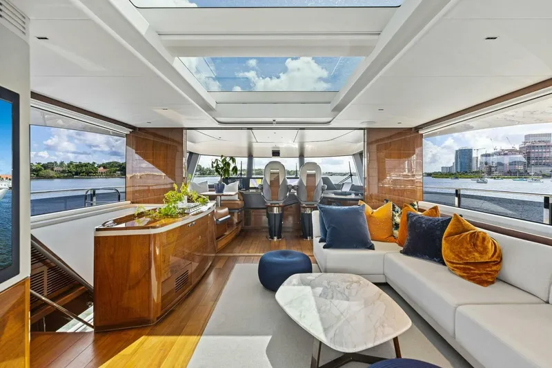 Lady Lion Yacht Photos Pics Luxurious interior of 2023 Princess X95 yacht with panoramic windows and elegant furnishings.