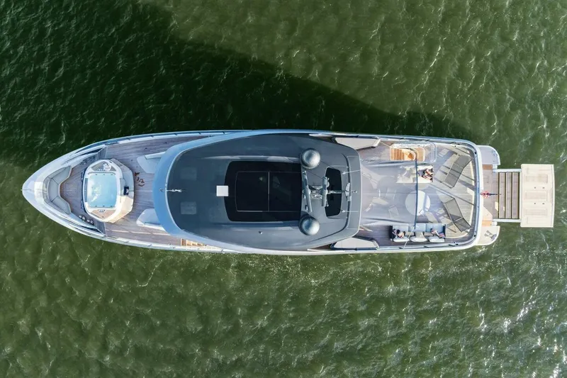Lady Lion Yacht Photos Pics Aerial view of 2023 Princess X95 luxury yacht on water.