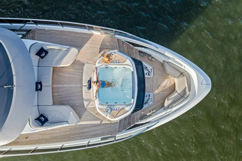 Lady Lion Yacht Photos Pics Aerial view of 2023 Princess X95 yacht with jacuzzi on deck.