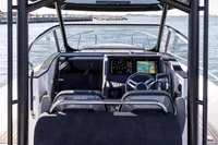 2023 Nimbus T9 X-Edition boat cockpit with modern navigation system and steering wheel.