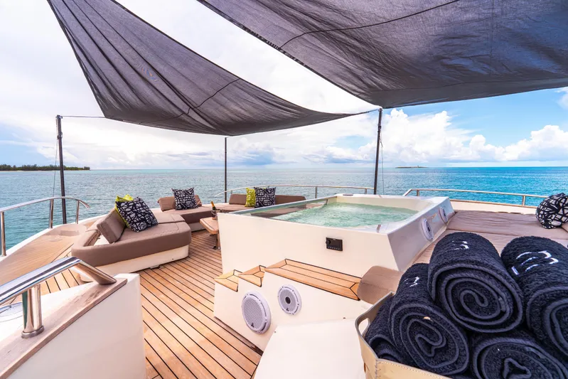 M Yacht Photos Pics Luxurious Monte Carlo 105 FLY yacht deck with jacuzzi, lounge seating, and ocean view.