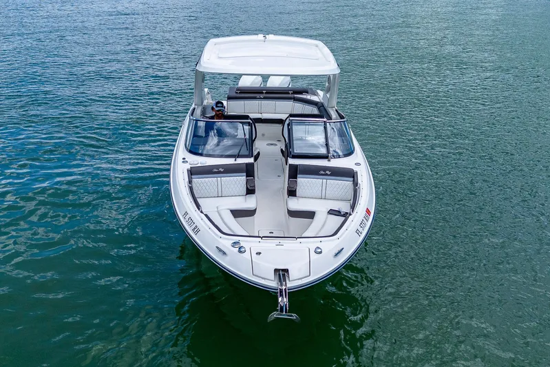  Yacht Photos Pics 2017 Sea Ray 31 SLX boat on calm water, aerial view.