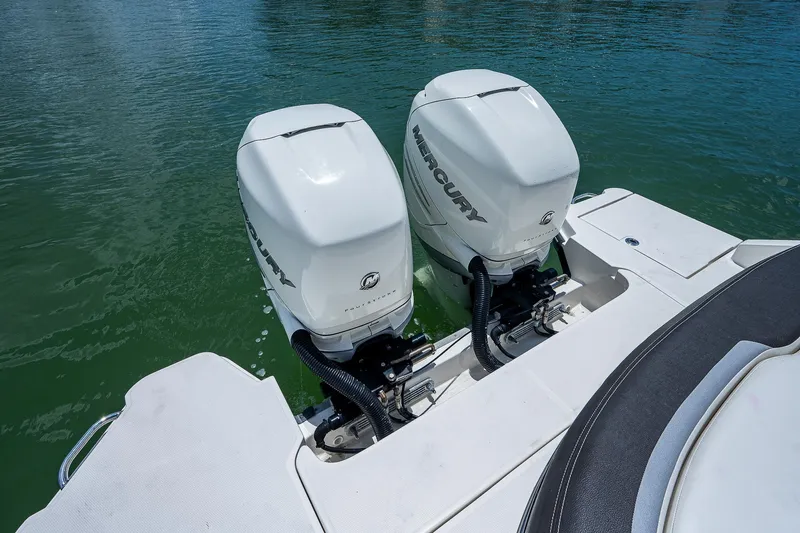  Yacht Photos Pics Twin Mercury outboard engines on a 2017 Sea Ray 31 SLX boat.