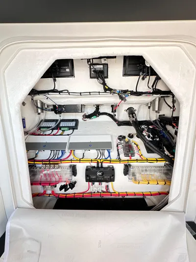  Yacht Photos Pics 2023 Statement 350 Open boat electrical system with organized wiring and components.
