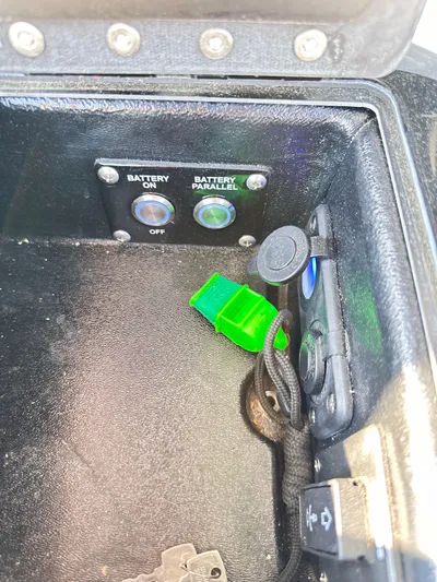  Yacht Photos Pics Control panel of 2023 Statement 350 Open with battery switches and green safety clip.