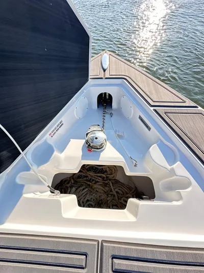 Yacht Photos Pics 2023 Statement 350 Open boat bow with anchor and rope storage.
