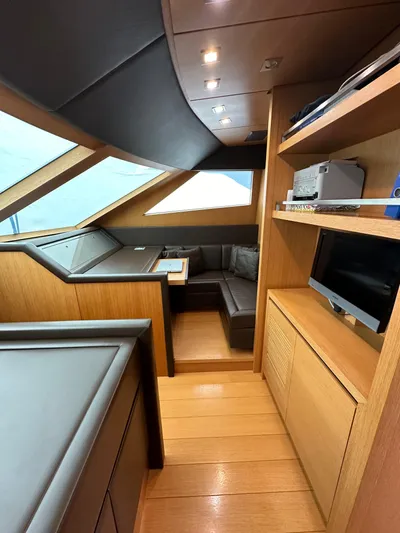  Yacht Photos Pics Interior of 2010 Sanlorenzo SL82 yacht with modern wood finishes and cozy seating area.