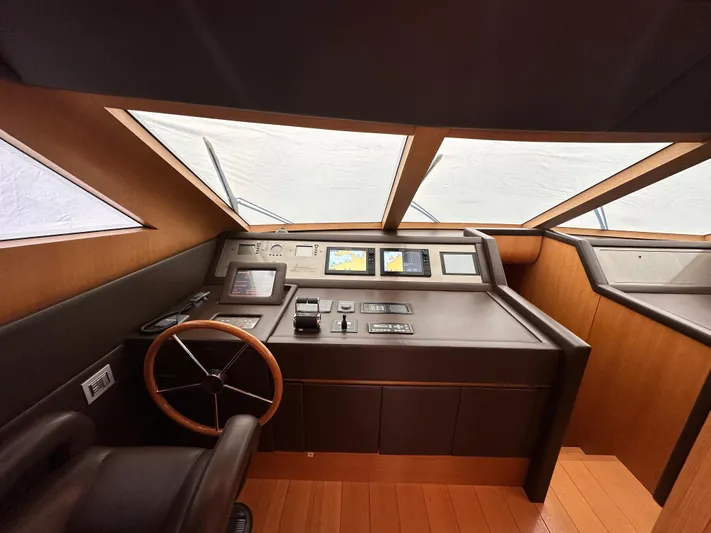  Yacht Photos Pics Pilothouse of 2010 Sanlorenzo SL82 yacht with modern navigation equipment.