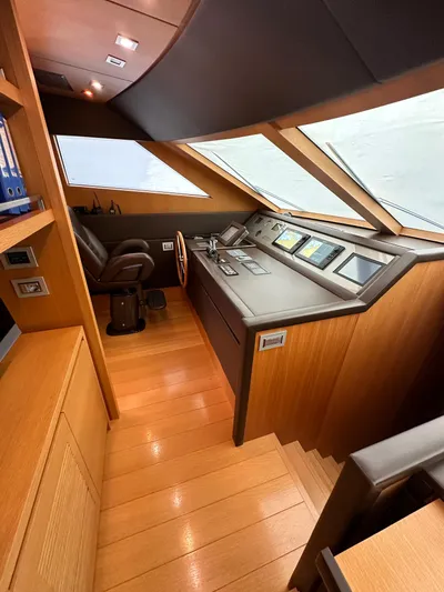  Yacht Photos Pics Luxurious 2010 Sanlorenzo SL82 yacht helm with modern controls and wood finish.