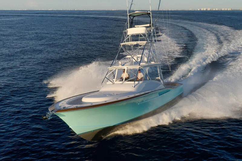 Karma Yacht Photos Pics 2019 Winter Custom Yachts 46 Walkaround cruising swiftly on open water.