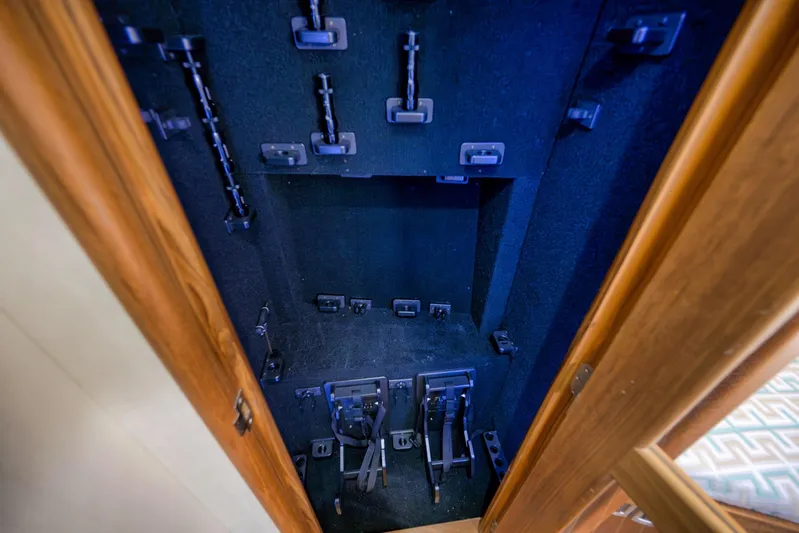 Karma Yacht Photos Pics Interior storage compartment of 2019 Winter Custom Yachts 46 Walkaround, featuring secure mounting brackets.