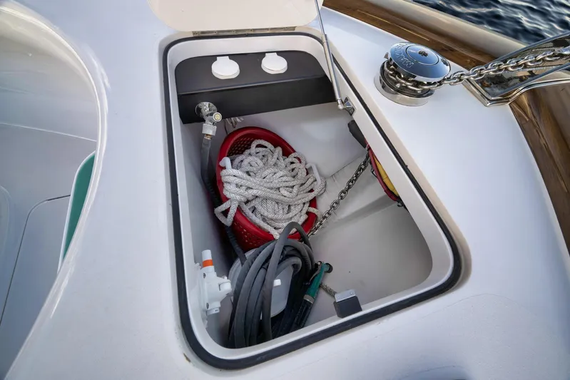 Karma Yacht Photos Pics Anchor locker on 2019 Winter Custom Yachts 46 Walkaround, featuring rope and chain storage.