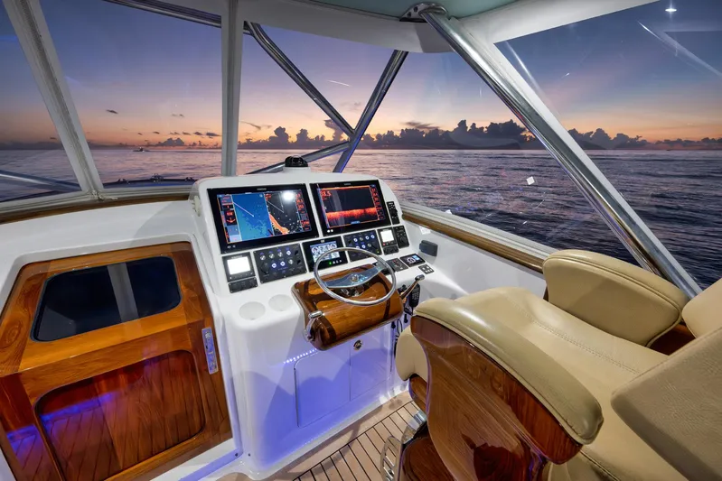 Karma Yacht Photos Pics 2019 Winter Custom Yachts 46 Walkaround helm with ocean sunset view.